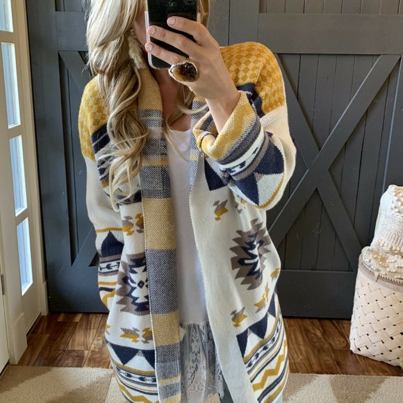 New Aztec Print Blanket Western Cardigan Sweater Coat Southwest Boho - Picture 4 of 9